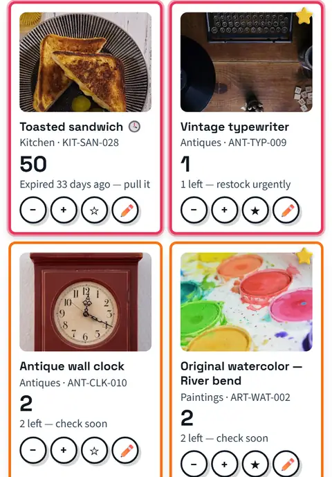 Inventory screen of friendly-123: each product card is colored by how it sells